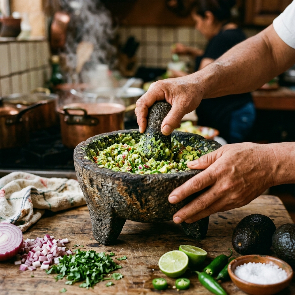 Příprava guacamole v molcajete